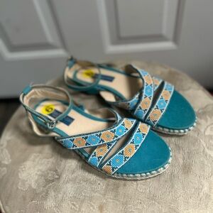 Laidback London “Majolica” embellished Turquoise Beaded Ankle-Strap Sandals Sz 9